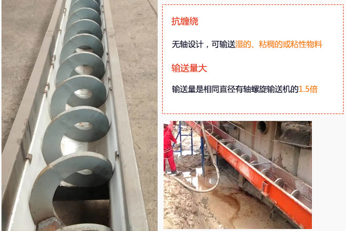 WLS無軸螺旋輸送機(jī)輸送量大是相同直徑有軸螺旋輸送機(jī)的1.5倍，抗纏繞性好，無軸設(shè)計，可輸送濕的、粘稠的或粘性物料。